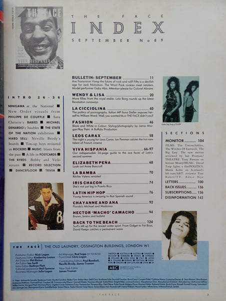 The Face magazine #89 September 1987 La Cicciolina, Viva Hispania, Elizabeth Pena, Latin Hip Hop