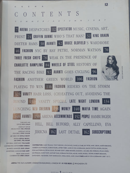 Arena Issue 5 Summer/Autumn 1987 Griffin Dunne, Bruce Oldfield, Ned Sherrin, Charlotte Rampling, Mafia Time
