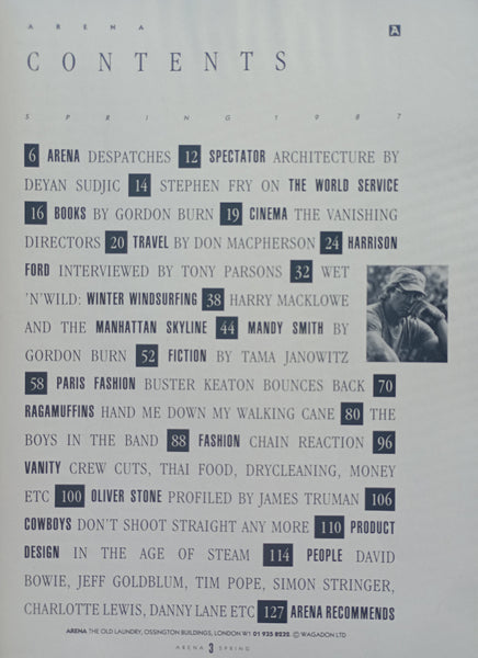 Arena magazine Issue 2 Spring '87 David Bowie, Harrison Ford, Mandy Smith, Oliver Stone, Jeff Goldblum, Oliver Stone, Corbusier