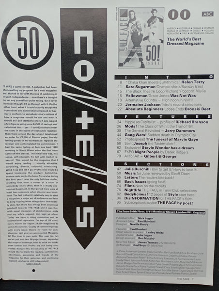 The Face magazine #50 Celebrating the 50th Issue! Mods ride again, Stevie Wonder, Jerry Dammers, Richard Branson, Marvin Gaye
