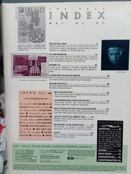 The Face magazine #85 May 1987 Ellen Barkin, William Dafoe, Vivienne Westwood