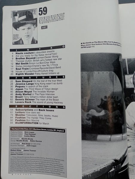 The Face magazine #59 March 1985 Sam Shepard, Jessica Lange, Pogues, Alison Moyet, Andy Warhol, Dennis Skinner