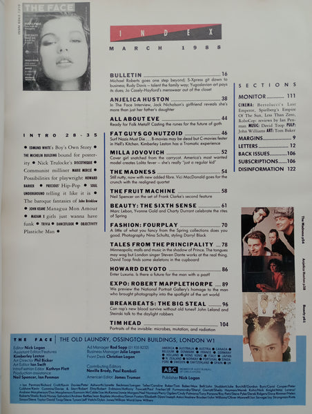 The Face magazine #95 March 1988 Angelica Huston, Mill Jovovich, Howard Devoto