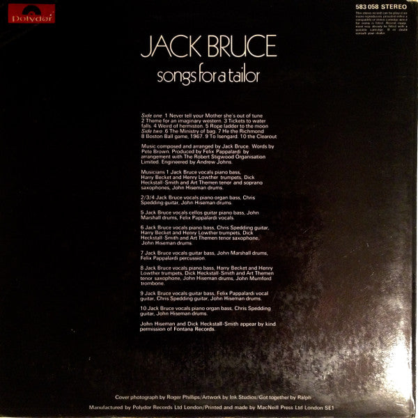 Jack Bruce : Songs For A Tailor (LP, Album, Lam)