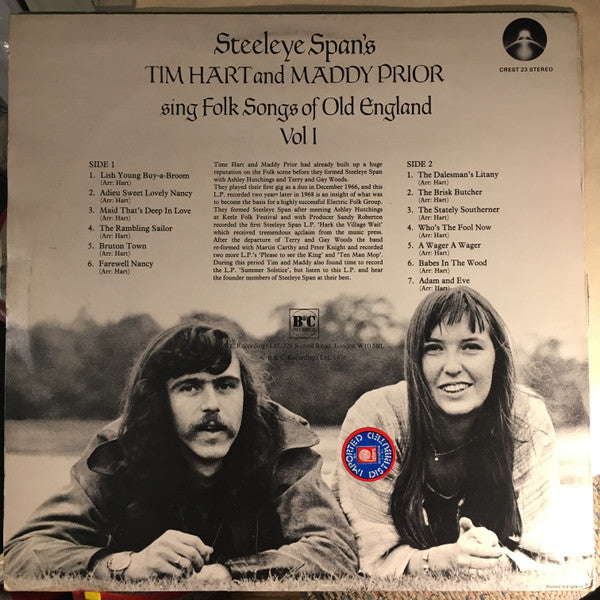Tim Hart And Maddy Prior : Steeleye Span's Tim Hart And Maddy Prior Sing Folk Songs Of Old England Vol I (LP, Album, RE)